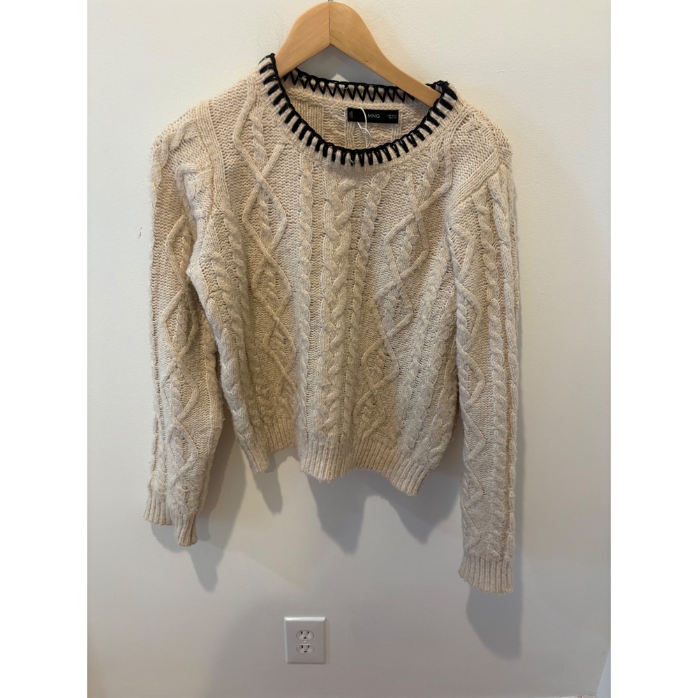 Mango MNG Cream Cable Knit Sweater Black Contrast Stitch Crew Neck Small